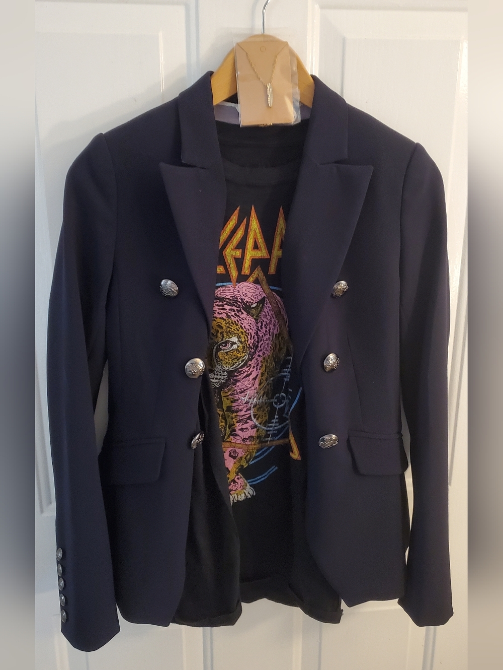Banana Republic Navy Double-Breasted Blazer with Def Leppard Graphic Tee - Picture 1 of 4